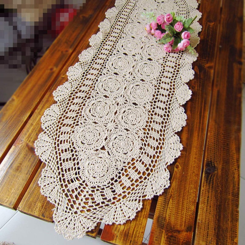 Damanni Oval Cotton Handmade Crochet Lace Table Runner Doilies Dresser Scarf ,15 Inch by 63 Inchï¼ŒBeige - Image 1